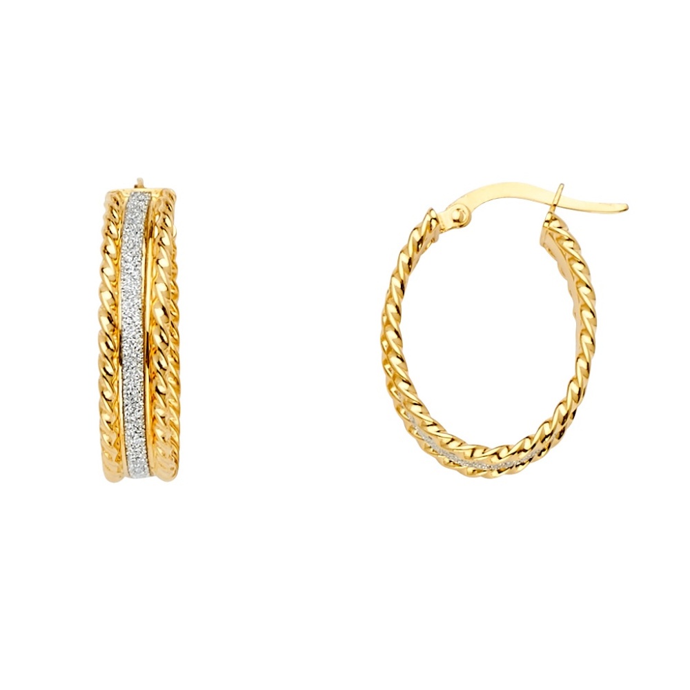 14k Yellow Gold 4mm Glitter Oval Hoop Earrings